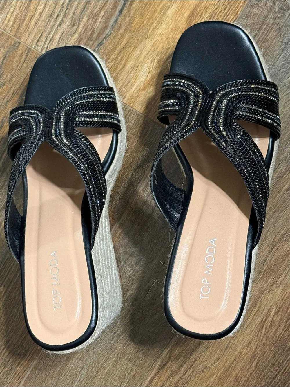 TOP Moda Black Wedge Slide Sandals with Decorative Straps